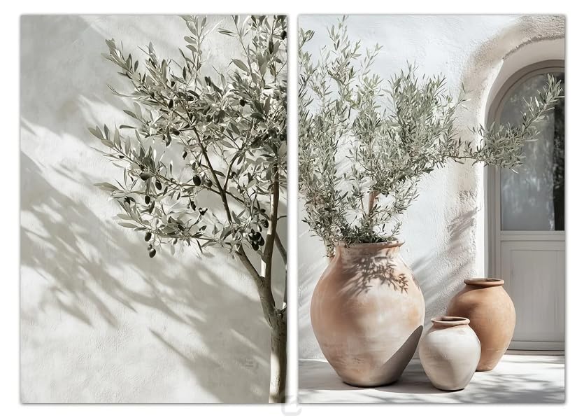 Toile imprimée vase d'olivier décoration neutre haut de gamme pour intérieur épuré 60x90 cm