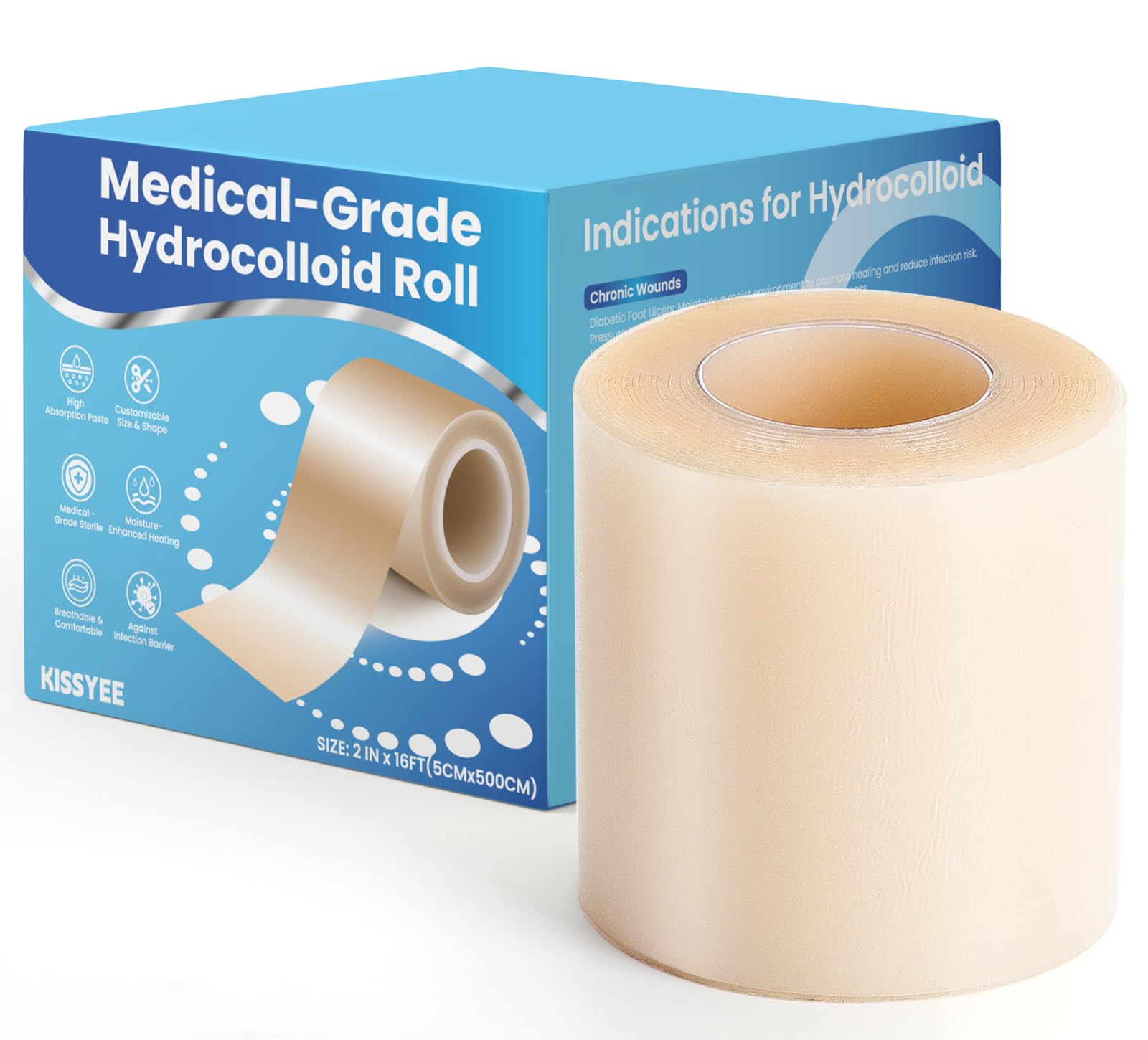 Hydrocolloid Roll Bandages, 2IN x 16FT Extra Large Hydrocolloid Patch with Self-Adhesive, Ultra Absorbent, Cut-to-Size, Flexible &amp; Waterproof for Burn, Blister, Acne Care