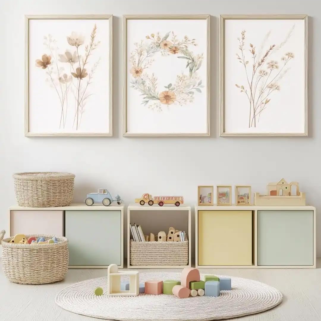 LTjiajuypd Watercolor Wildflower Canvas Wall Art Painting Botanical Wreath Prints, Minimalist Nursery Living Room Bedroom Home Decor(60x90cm-3Pcs)
