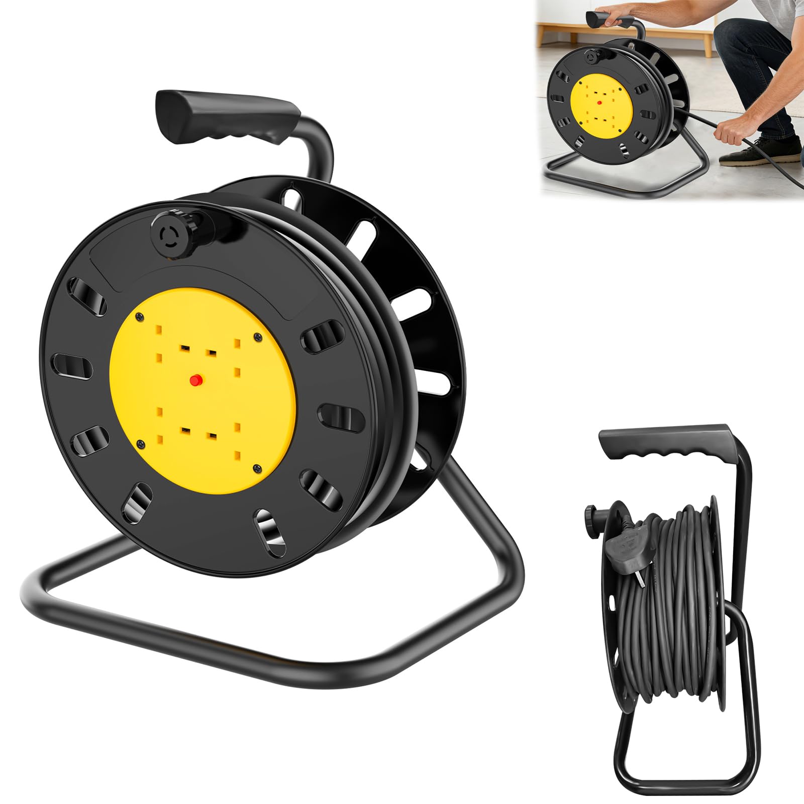 Avvolgicavo con 4 prese, Avvolgicavo automatico, prolunga da 25 m, interruttore termico e supporto per cavi, avvolgicavo elettrico, per uso a breve termine in esterni