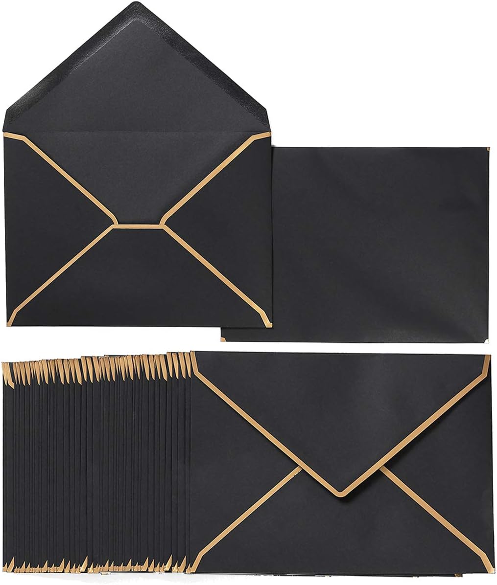 50 Pack Black A7 Envelopes 5 x 7 Self-Adhesive V Flap Envelopes with Gold Border for Office, Greeting Card, Wedding, Graduation, Baby Shower, Parties, Invitations (Black, 5x7)