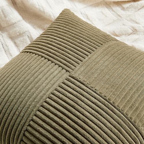 Image of Fancy Homi 2 Packs Olive Green Decorative Throw Pillow Covers 18x18 Inch for Living Room Couch Bed Sofa, Rustic Farmhouse Boho Home Decor, Soft Corss Corduroy Patchwork Textured Cushion Case 45x45 cm
