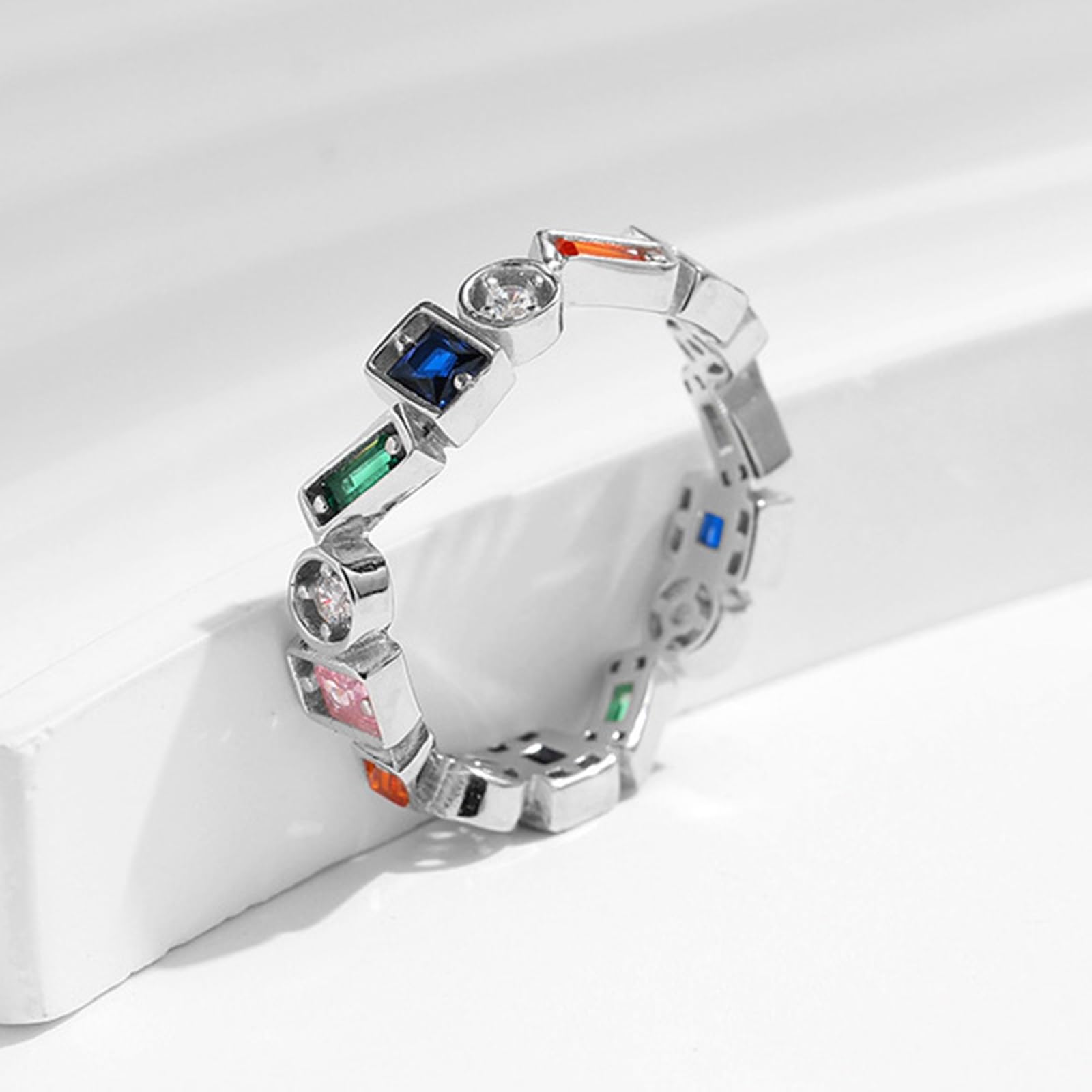 Anello Nuziale, Donna Oro Bianco Intarsio di Forma Geometrica con Pietre preziose Colorate