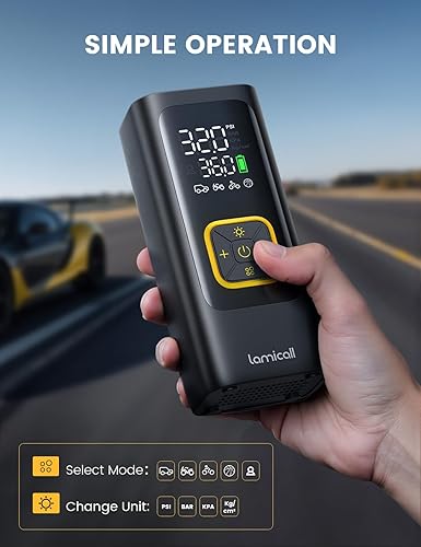 Miniatura 5 de Compresor de aire portátil para inflador de neumáticos, Lamicall 4 veces más rápido 150 PSI Bomba de aire para bicicleta de automóvil con batería