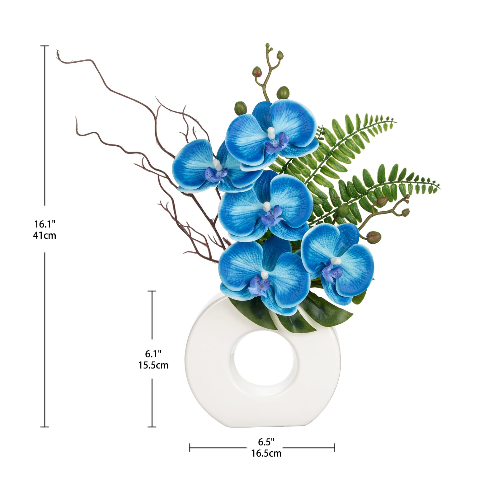 Oairse Artificial Orchid Flowers 41cm Blue Orchid Silk Flowers with Ceramic White Vase Faux Phalaenopsis Flower Arrangement for Home Office Kitchen Table Centerpiece Decoration - Image 2