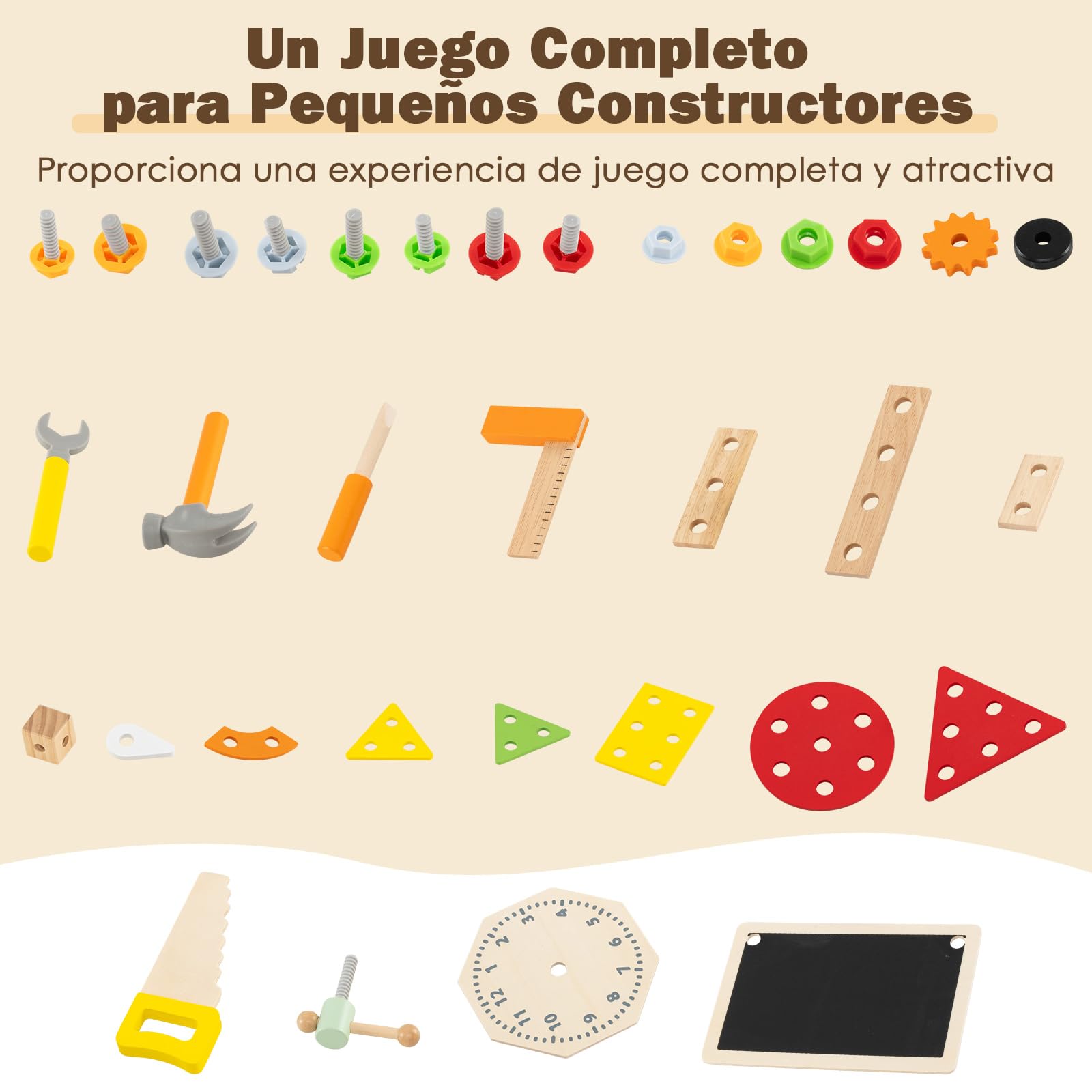 COSTWAY Banco de Herramientas de Madera para Niños, Mesa Juguete Montessori con Juego de Herramientas y Gran Espacio de Almacenamiento, Juego Educativo para Niños de 3+ Años