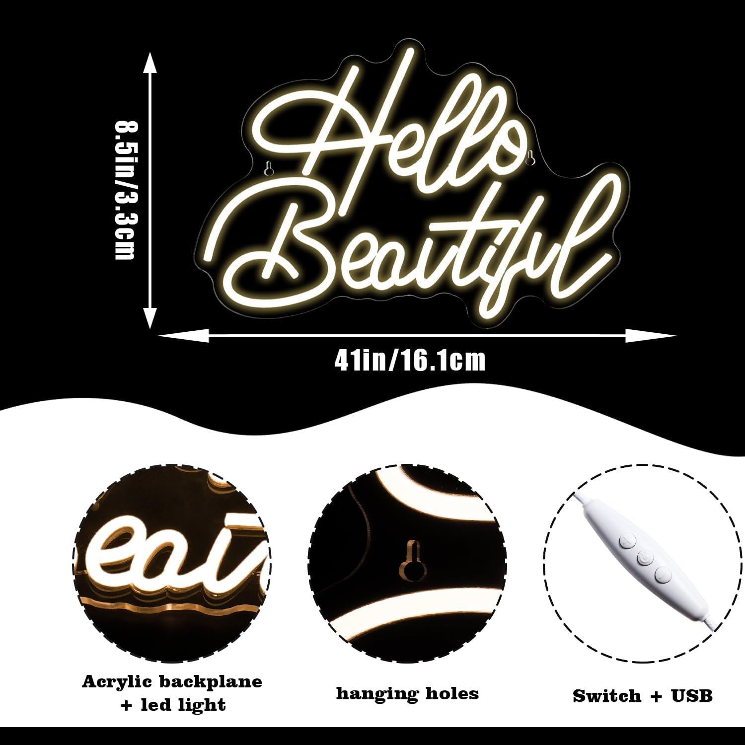 Looklight Hello Beautiul white Neon Signs, LooKLight Led Neon Light for Wall ,Neon Signs for Wall Decor, USB Powered Led Neon Signs For Wedding, Engagement ,Birthday Party ,Bedroom Decor, Warm white