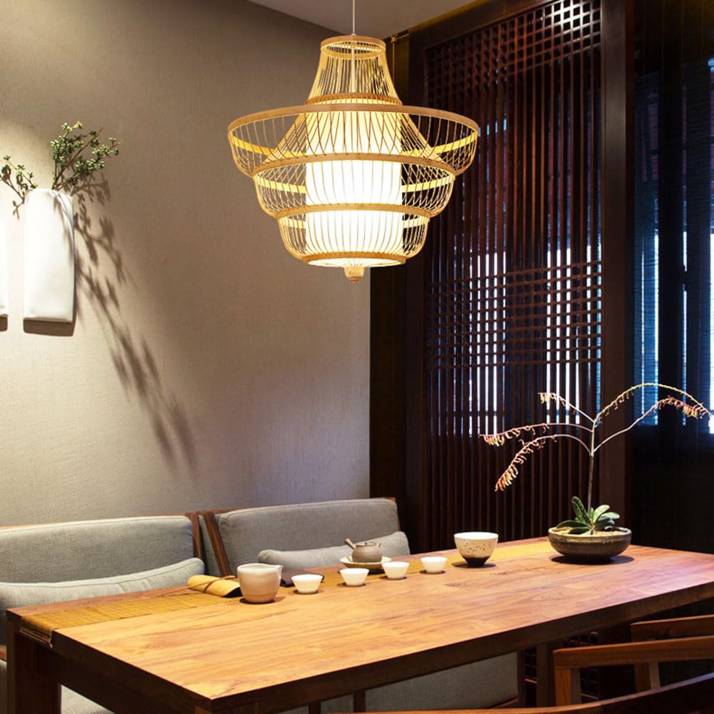 Niestandardowa lampa wisząca do salonu dwuwarstwowa bambusowa klatka ptak wiszące światła klosz lampy sufitowe z drewnianą lampą wiszącą w stylu vintage oprawa oświetleniowa XIAOYINGU