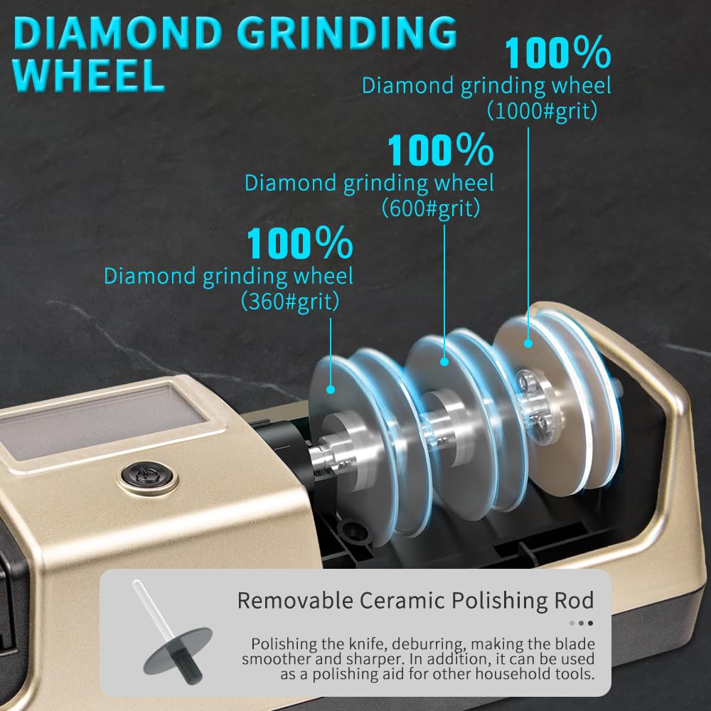 BAUSATZ Affilacoltelli elettrico professionale a 3 stadi con abrasivi diamantati al 100%, affilacoltelli elettrico con schermo LCD variabile a 3 velocità per coltello dritto, coltello seghettato,