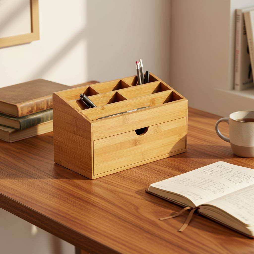 hausleben Organisateur de Bureau en Bambou avec Tiroir | Porte-Stylos et Organiseur de Bureau à 6 Compartiments, Rangement de Bureau pour Bureau & Télétravail, 24,5 x 13 x 15 cm