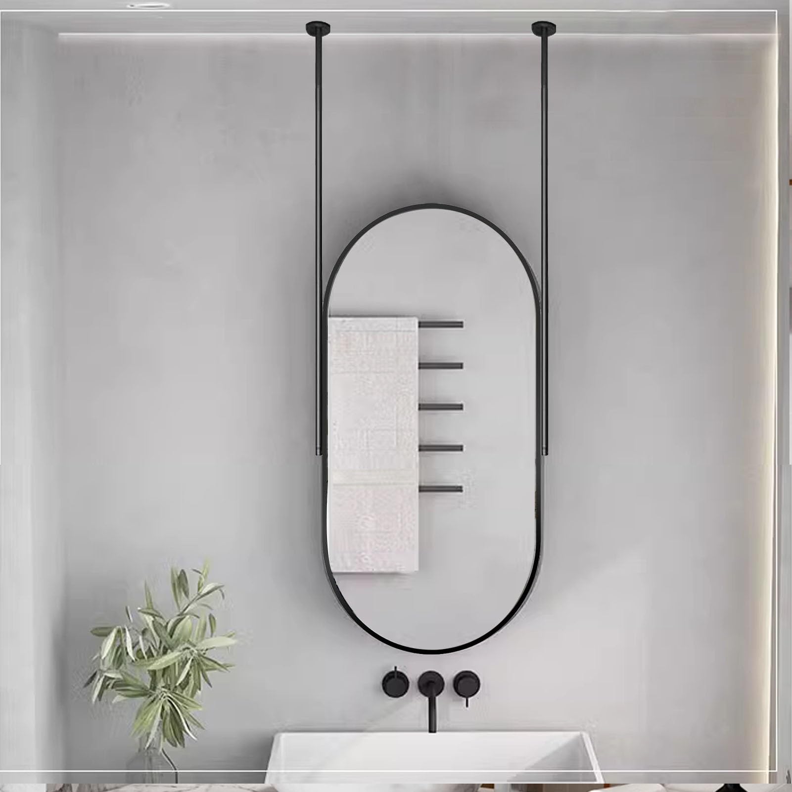 WJFTODAY Stylish Oval Black Metal Vanity Mirror for Wall Decor | Adjustable Ceiling-Mounted Bathroom Makeup Mirror (50cm x 60cm) - Chic and Functional Home Accessory