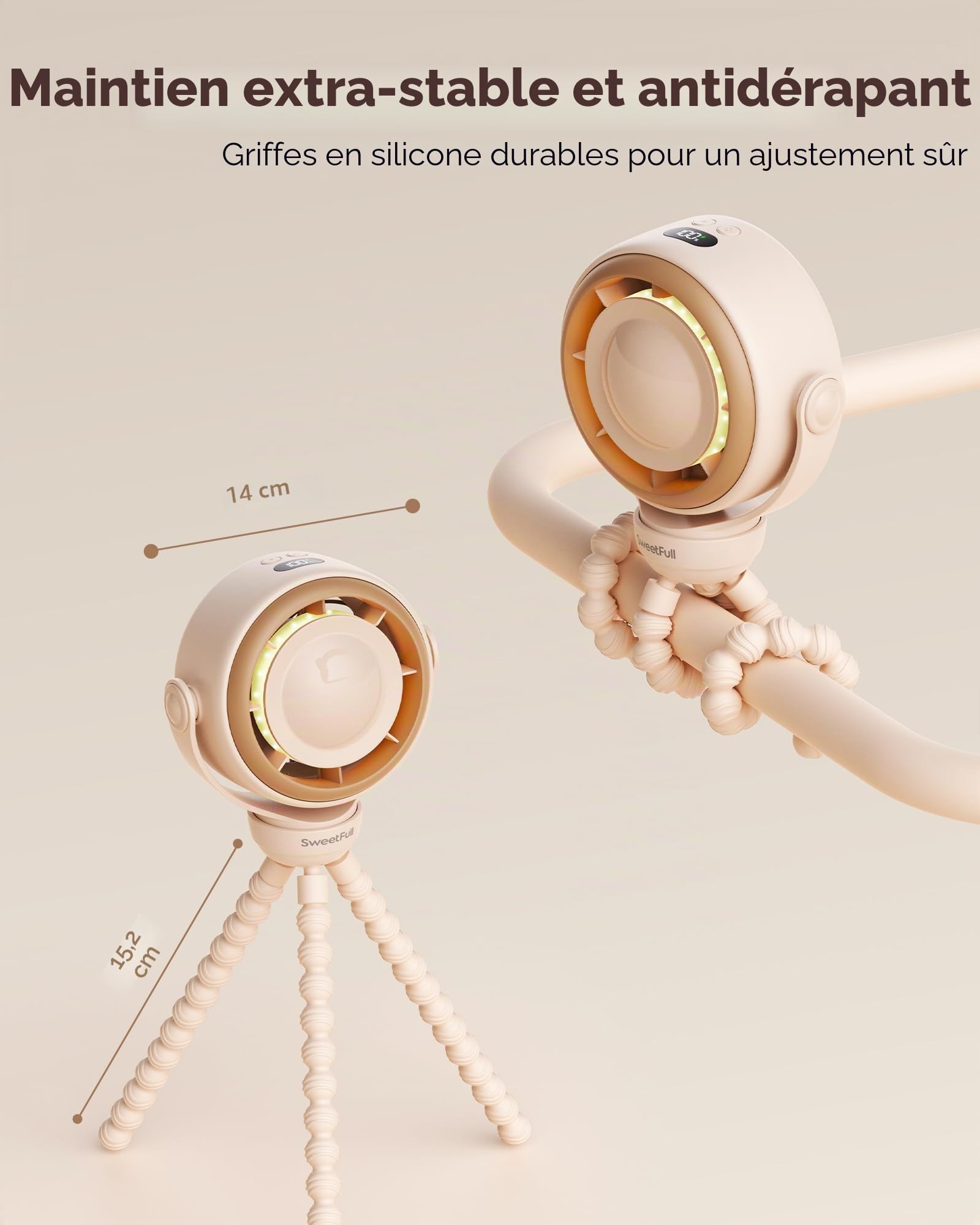 SWEETFULL Ventilateur Poussette Bébé Silencieux - 4000mAh Rechargeable avec Clip, Rotatif à 360° Mini Ventilateur Portable avec Écran LED & Veilleuse pour Poussette, Siège Auto et Voyage