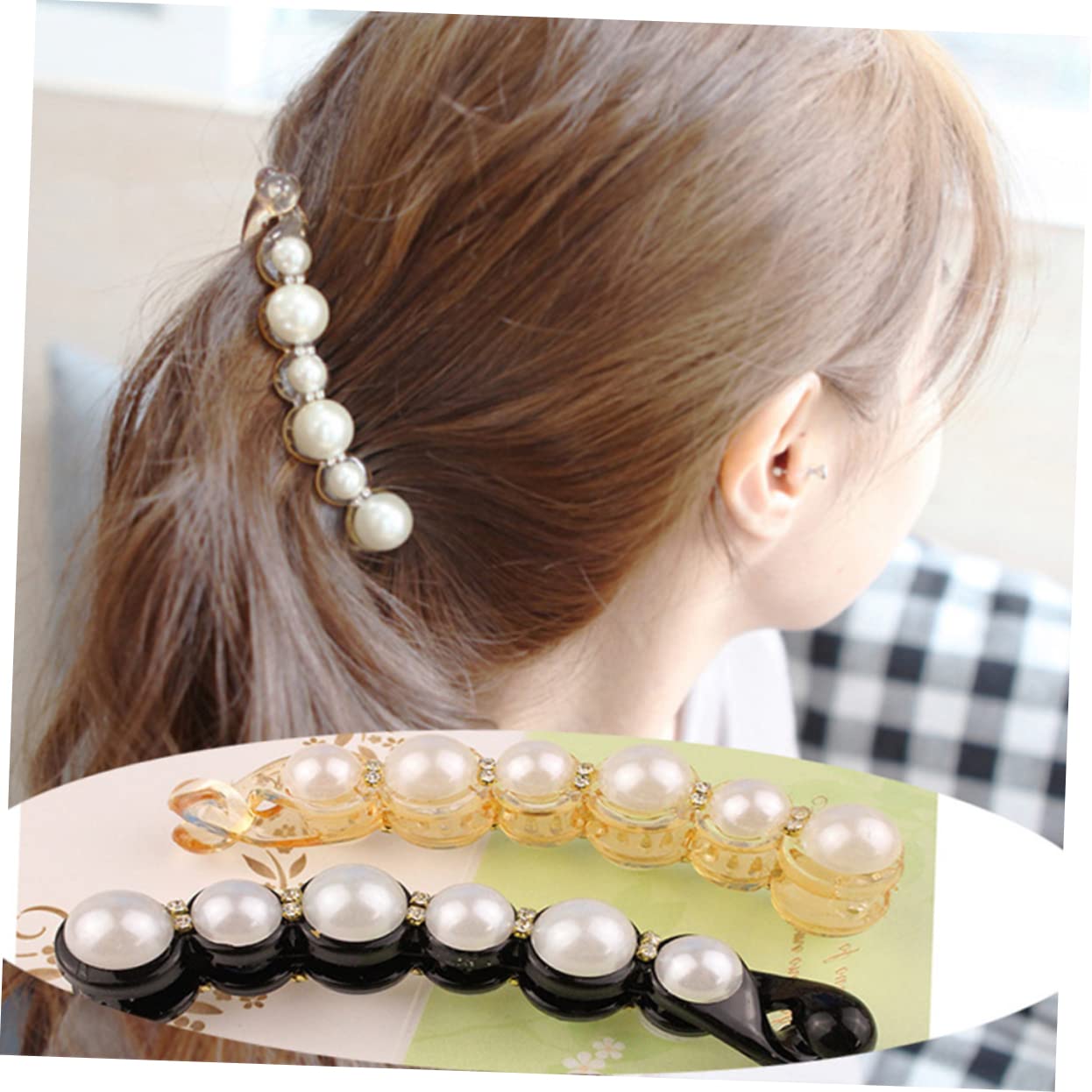 Healeved Pearl Banana Clip Set 2Pcs Large Vertical Hair Clips for Women Secure Ponytail Holder Elegant Pearl Detail Hair Styling Accessories for Work Party Beach - Image 2