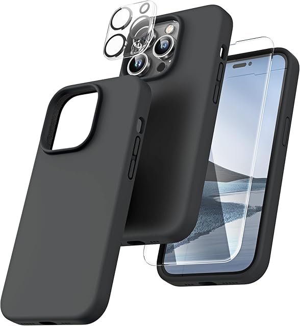TOCOL 5 in 1 for iPhone 14 Pro Case, with 2 Pack Tempered Screen Protector + 2 Pack Camera Lens Protector, Liquid Silicone Slim Shockproof Cover [Anti-Scratch] [Drop Protection] 6.1", Space Black