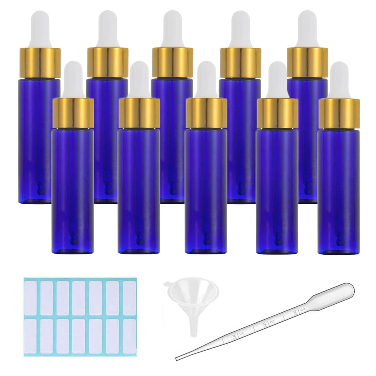 SKYPRO 5Pcs Blue Dropper Bottle 30ML Plastic Eye Dropper Bottles for Essential Oil Pipette Refillable - with Measured Pipette, Funnel and Labels