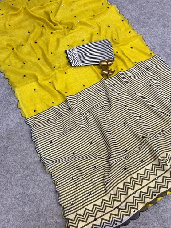 Image of Linen Cotton Saree with Black Mirror Work