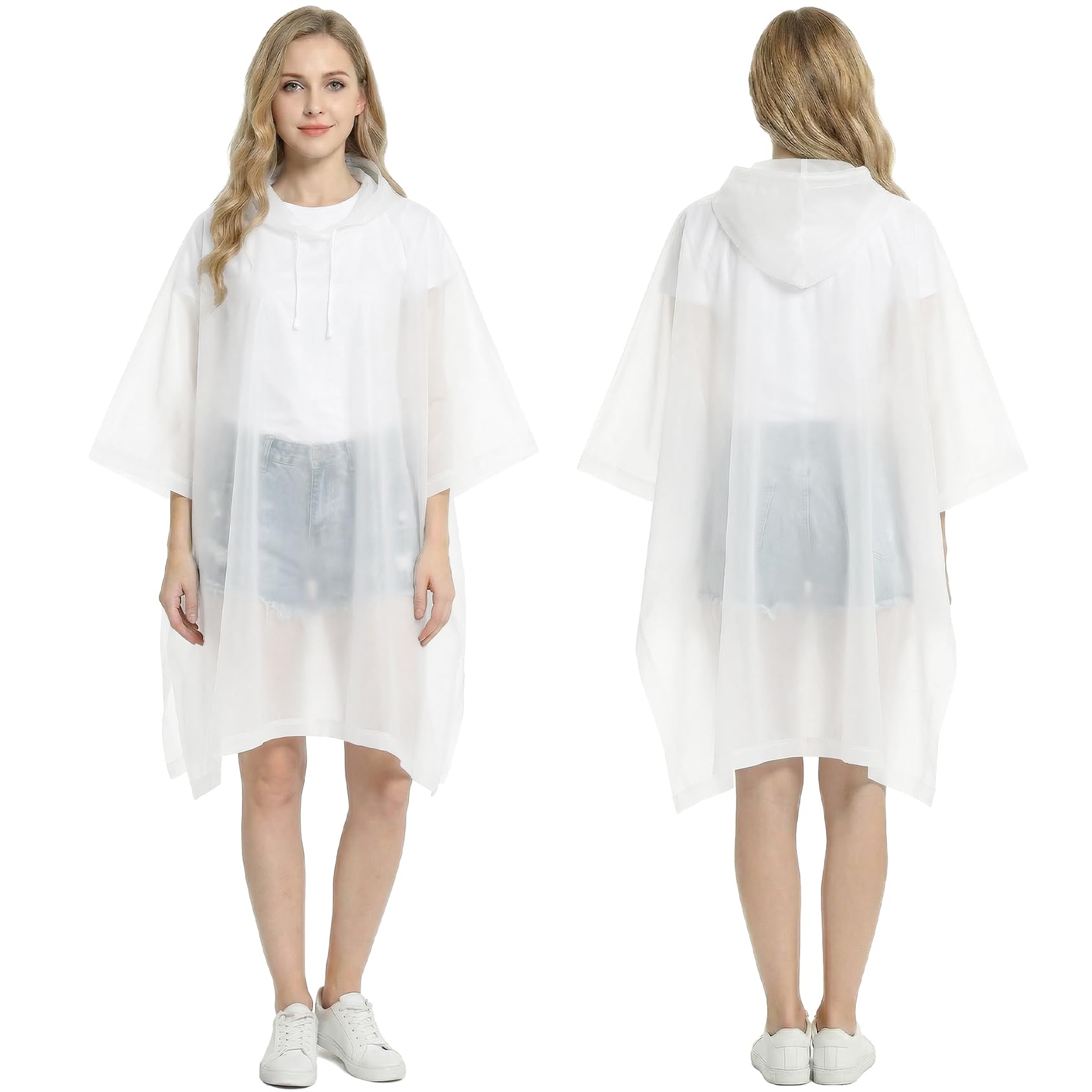 Kcmell Unisex White Rain Poncho For Adult, 2 Pack Portable Waterproof Rain Ponchos For Women And Men, Reusable Eva Raincoat Emergency Rainwear With Hood For Hiking, Traveling, Outdoor Activities
