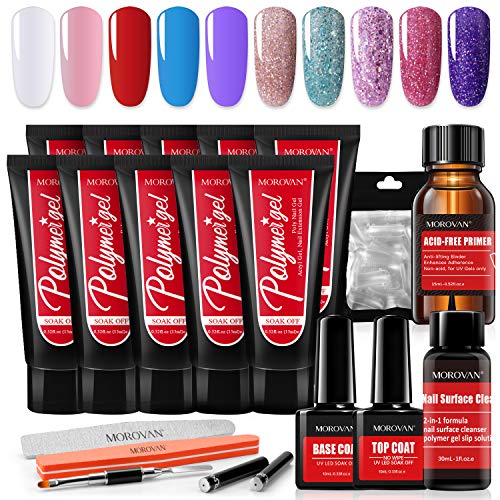 Morovan Poly Nail Gel Kit,15ml Solid Color Shiny Platinum Holographic Polymer Gel With Nail Surface Cleanser And Acid-Free Primer All-In-One Set And Diy Nail Art Tools French Kit