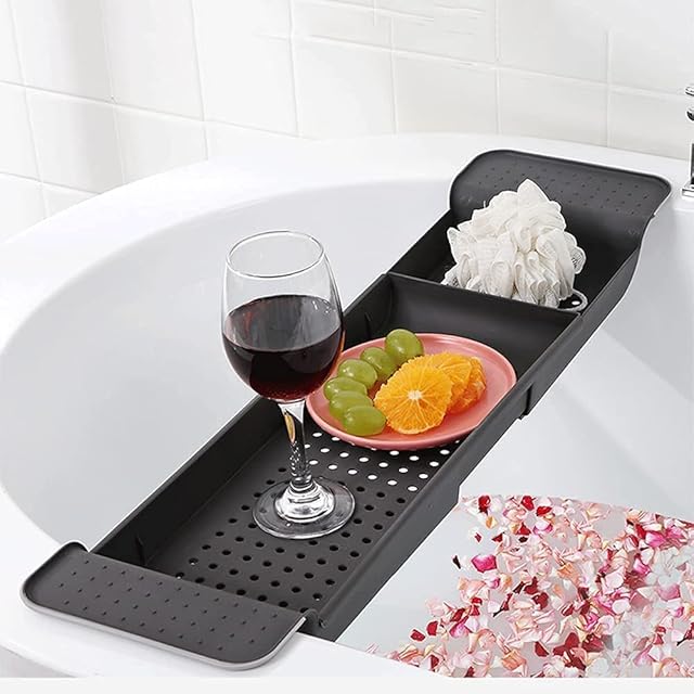 HOMION Expandable Bath Tub Shelf Storage Caddy Bridge Orgainser Tidy Non-Slip Extending Grip (Grey), L = 55-80 cm W= 17.5 cm H = 6.3 cm (BA0222GR)