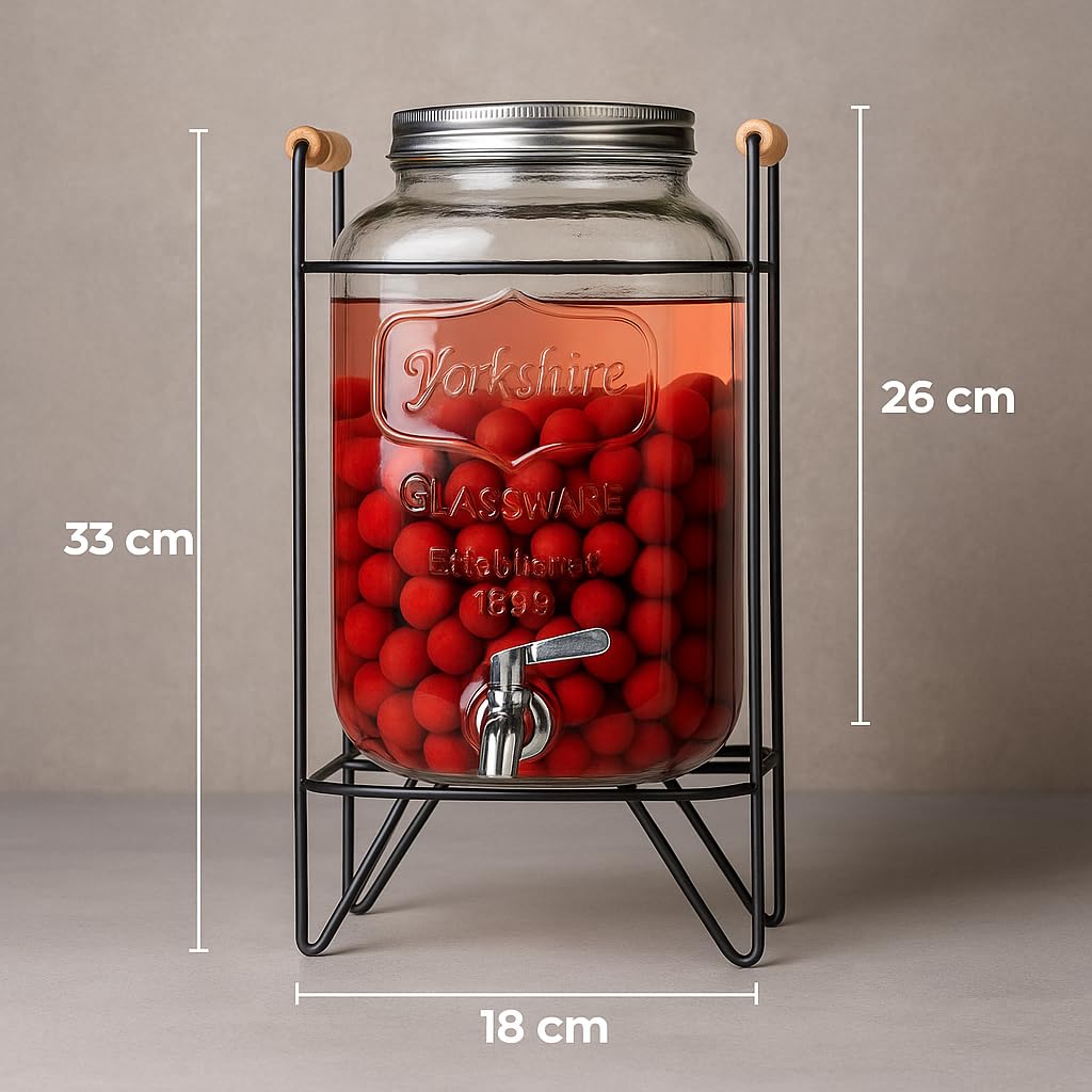 Distributeur de boissons avec robinet en inox - 4L - Support en métal noir finition bois - Style vintage - Pour toutes boissons froides