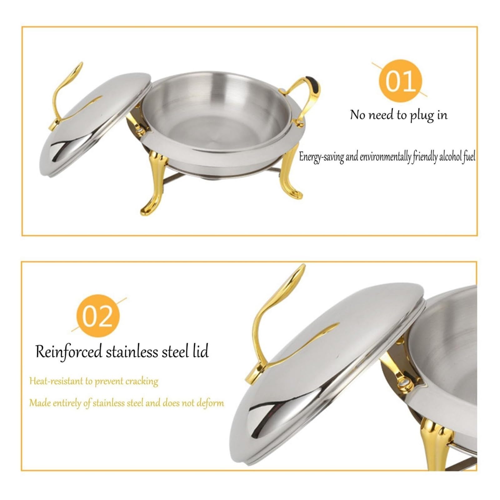 Set scaldacontenitori e scalda Buffet Cucina a Buffet | Scaldavivande rotondo in acciaio inossidabile con coperchio, set da buffet rotondo for scaldavivande(Silver,22cm)