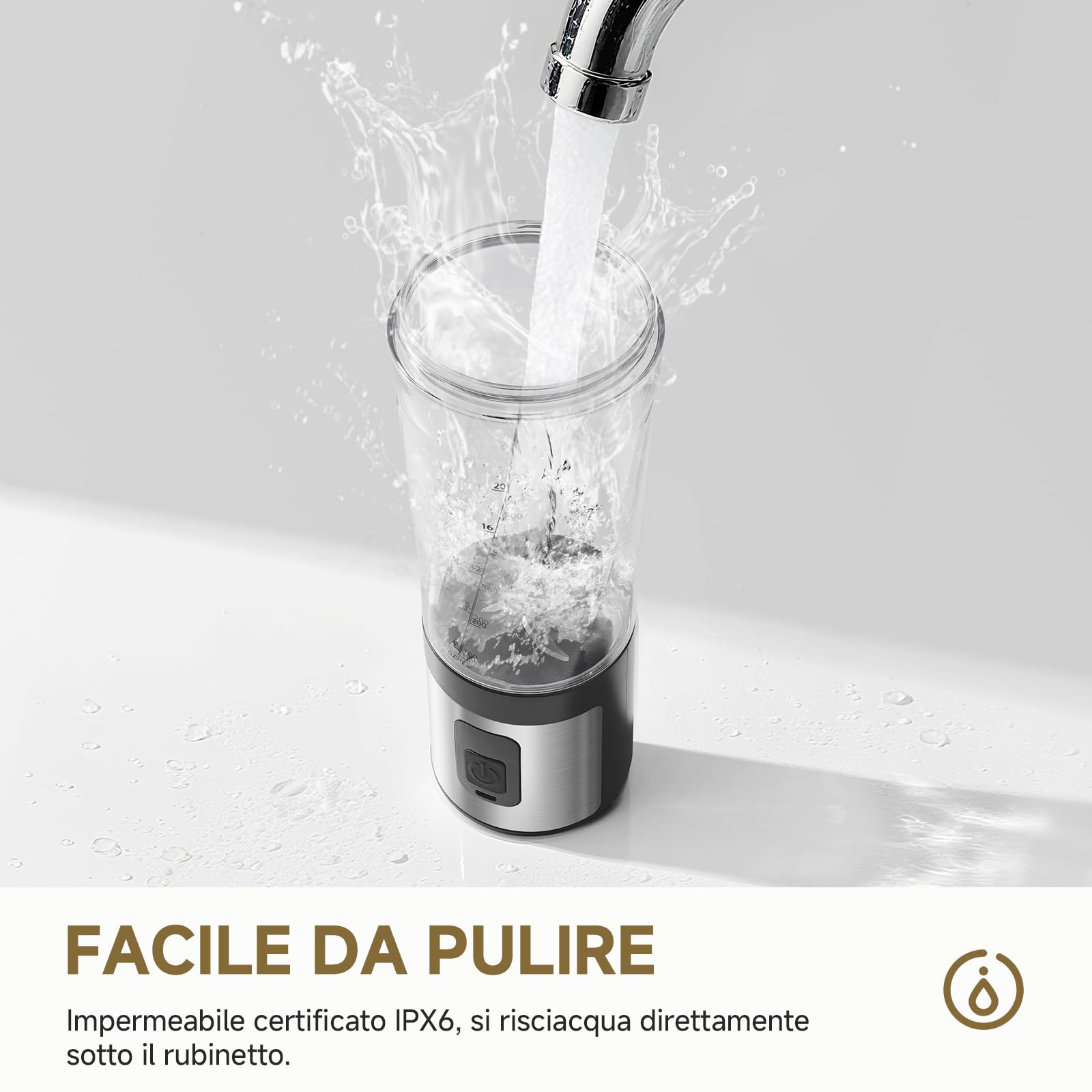 AMZCHEF Frullatore portatile da 600 ml, con 6 lame, 120 W, ricarica rapida tramite USB-C, IPX6, impermeabile, senza BPA, mini mixer per frullati in polvere proteica