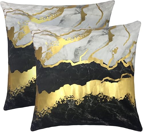 Miniatura 1 de Juego de 2 fundas de almohada de terciopelo negro y dorado de 18 x 18 pulgadas, fundas de almohada decorativas con estampado de mármol abstracto