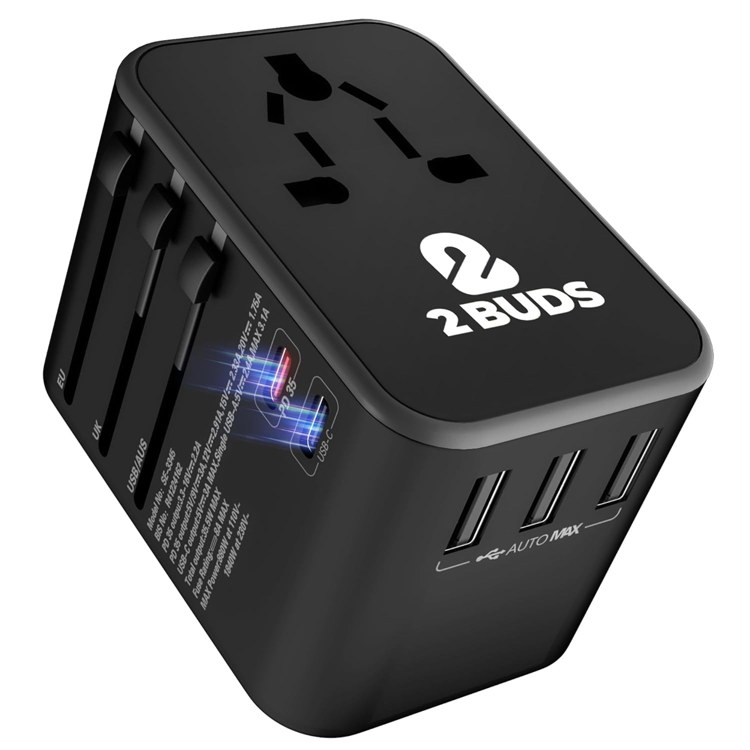 GEN 4 Universal International Plug Adapter with 8A Dual 2 X Type-C Ports & 3 X USB with 1 PD, Travel Essentials Power Adapter, Worldwide All-in-One Outlet Converter for Europe, US, UK, AUS