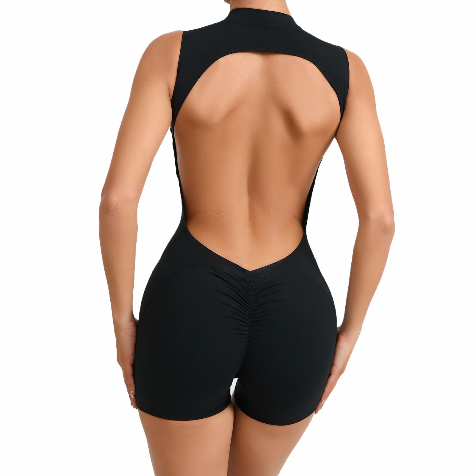Damski Kombinezon Sportowy Odkryte Plecy Scrunch Push Up Pośladki Body Yoga Krótki Jednoczęściowy Fitness Bez Rękawów Wysoki Kołnierz z Wyjmowanymi Wkładkami(L, Black)
