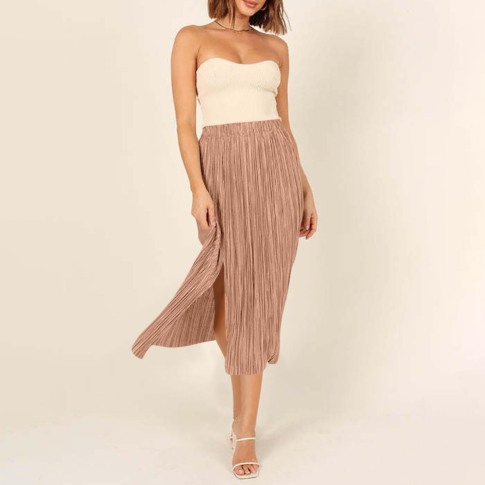 Split Maxi Skirt for Women Casual Pleated A Line Office Work Long Skirts Summer Elastic High Waist Trendy Midi Skirt Pink
