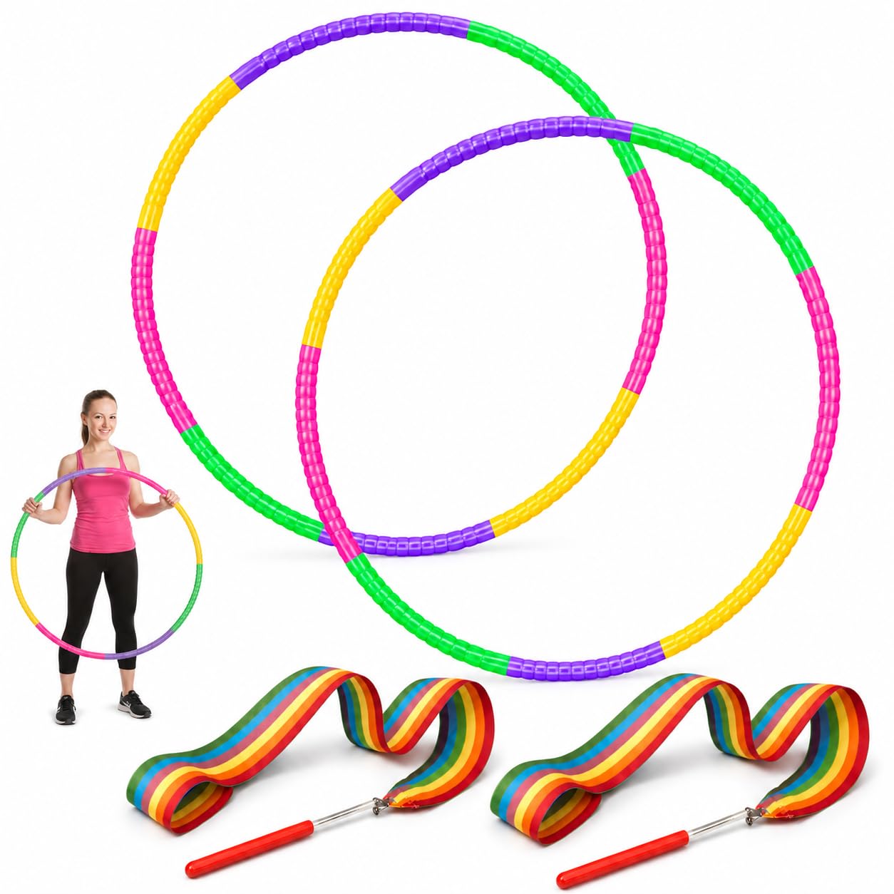 4Pcs Hula Hoops Set, 4m Dance Ribbons, 8-Segment for Indoor & Outdoor Play