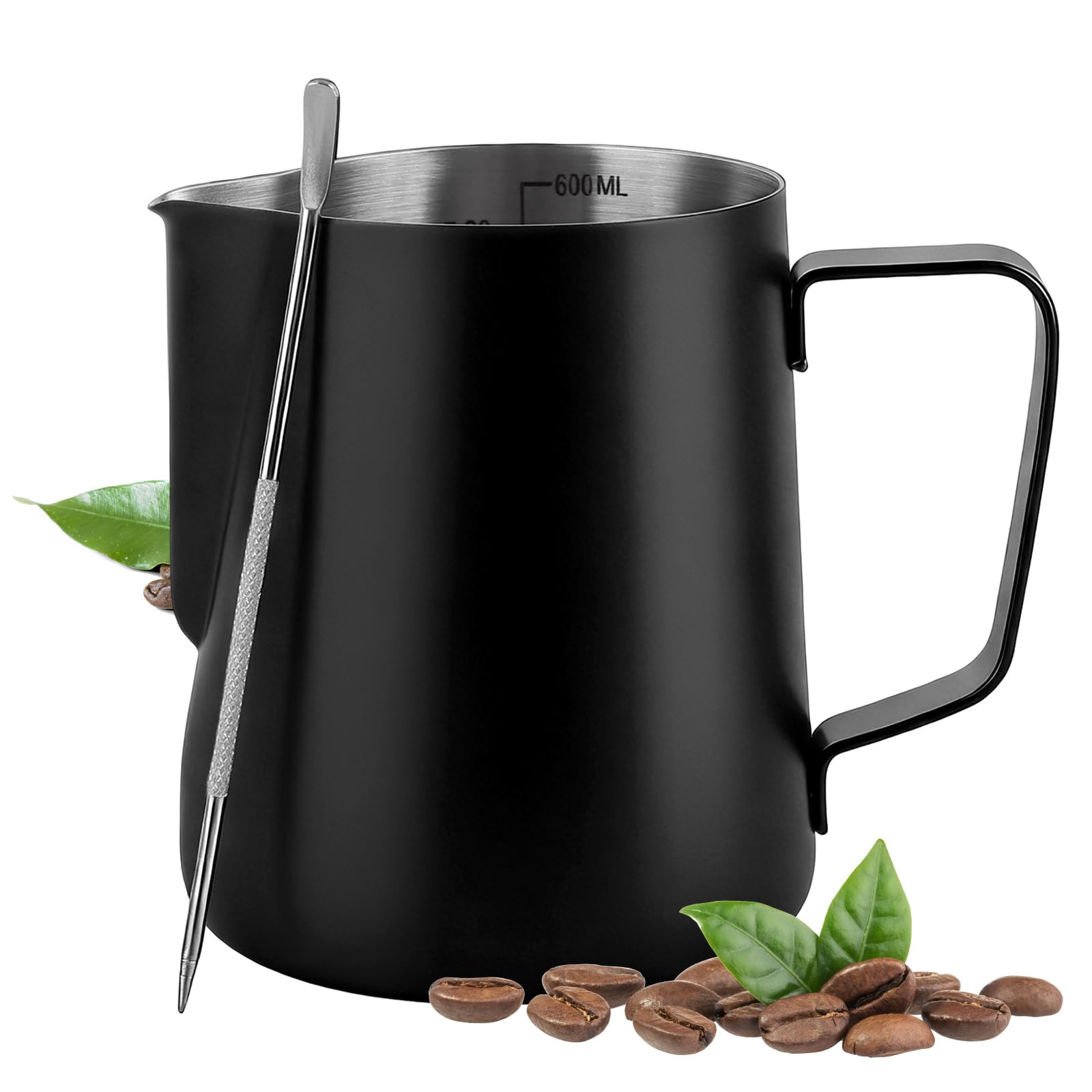 Milk Frothing Pitcher, 600ml/20oz 304 Stainless Steel Coffee Jug with Measurement Marks & Latte Art Pen, Ideal for Crafting Latte Art, Cappuccino, Perfect for Home Baristas & Coffee Enthusiasts