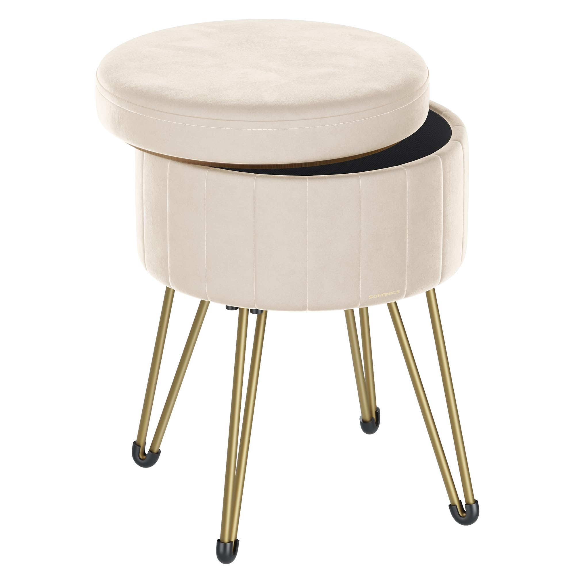 Storage Ottoman, Velvet Dressing Table Stool, 39 x 44.4 cm (Dia. x H), Round Storage Stool Seat, 4 Metal Legs, for Dressing Room, Living Room, Bedroom, Cream White LOM003W51