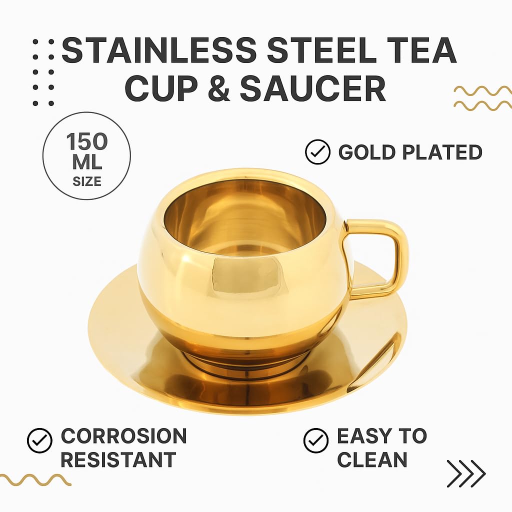 LASER ART Stainless Steel with Gold PVD Coating Tea Cup & Saucer Set, Capacity- 150 ml, Elegant Gift for Diwali, Home & Office (Pack of 1 Set) 1