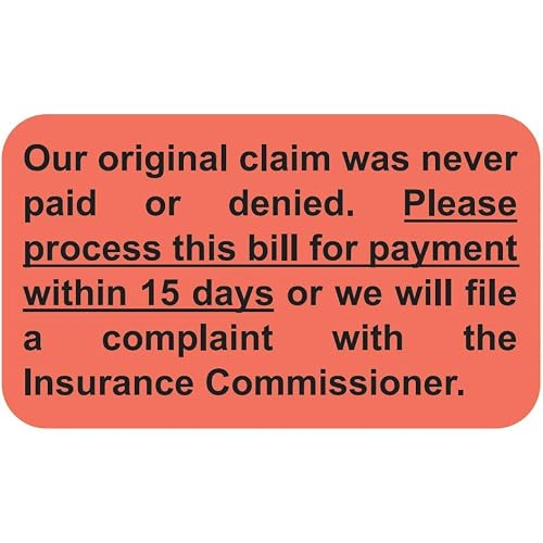 Insurance Claim Follow-Up Label, Fluorescent Red, 1-1/2" x 7/8", Permanent Adhesive, Doctor Stuff, 15-Day Payment Demand Stickers, 250 Stickers/Box