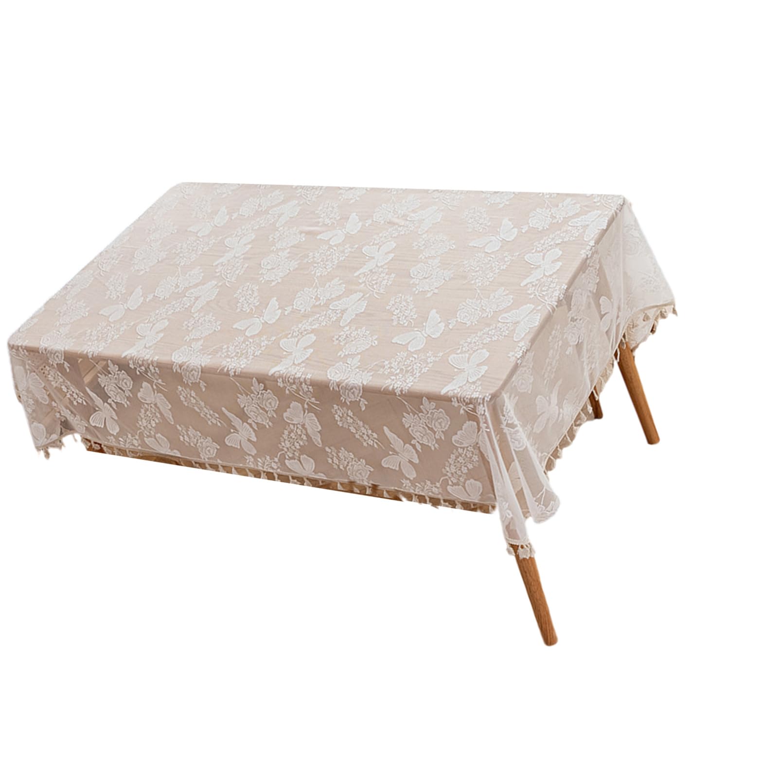 Tsophreniq Polyester Lace Tablecloth 140x140/100cm with Eyelash Lace and Tassels for Dinners and Gatherings Decoration Rectangular Tablecloth