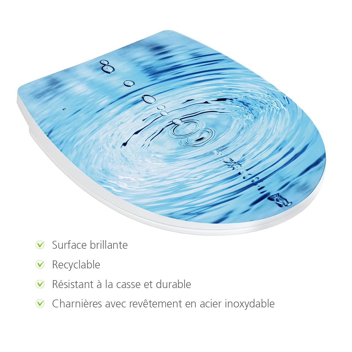 WENKO Abattant WC Original Goutte d'eau | Abattant WC avec Frein de Chute | Fixation Simple et Rapide en INOX Flix-Clip | Duroplast | 46,5X38,5x6 cm | Bleu