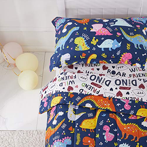Joyreap 4 Piece Toddler Bedding Set, Standard Size Colorful Dinosaur Printed On Navy, Includes Quilted Comforter, Fitted Sheet, Top Sheet, And Pillow Case For Boys N Girls #TOP2