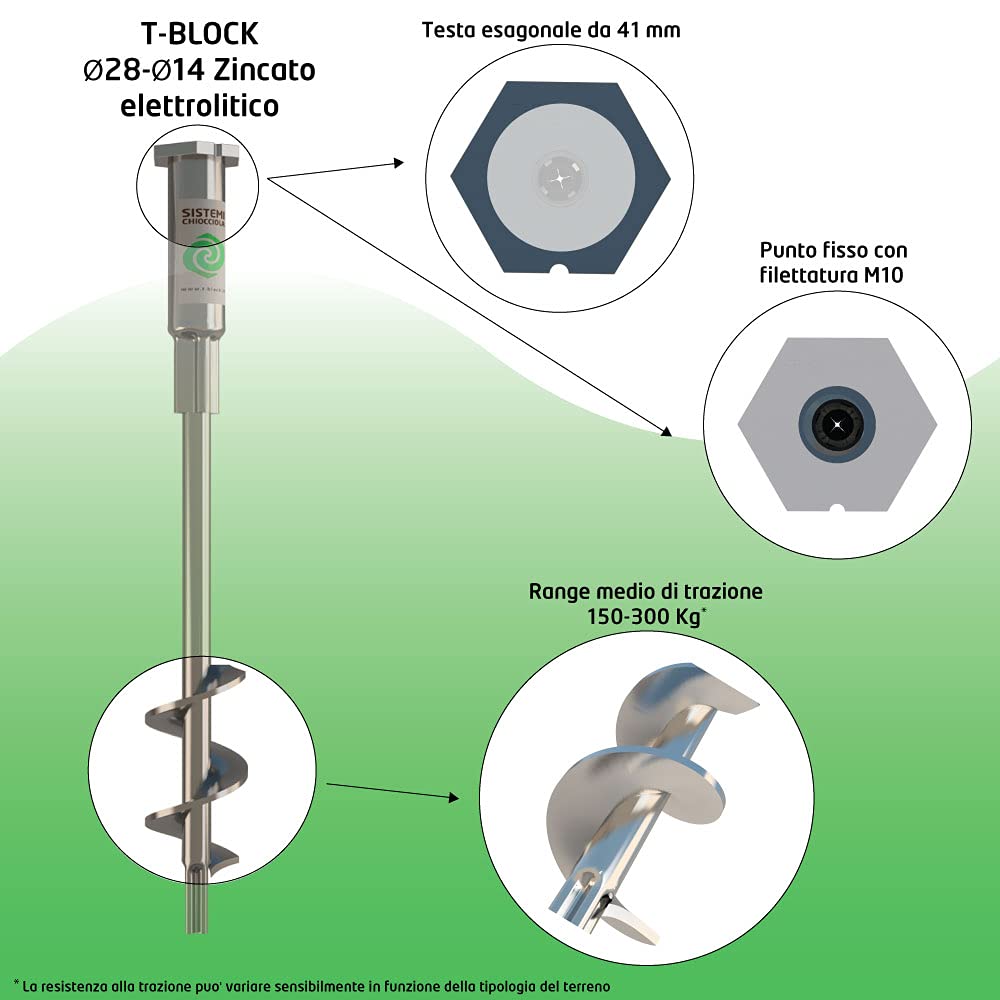 Viti per terreno T-BLOCK - Kit di 4 viti di ancoraggio a terra per gazebo e arredo da giardino. Ecologici, L 38 cm Ø 28-14 esagono da 41 mm con punto fisso M10.