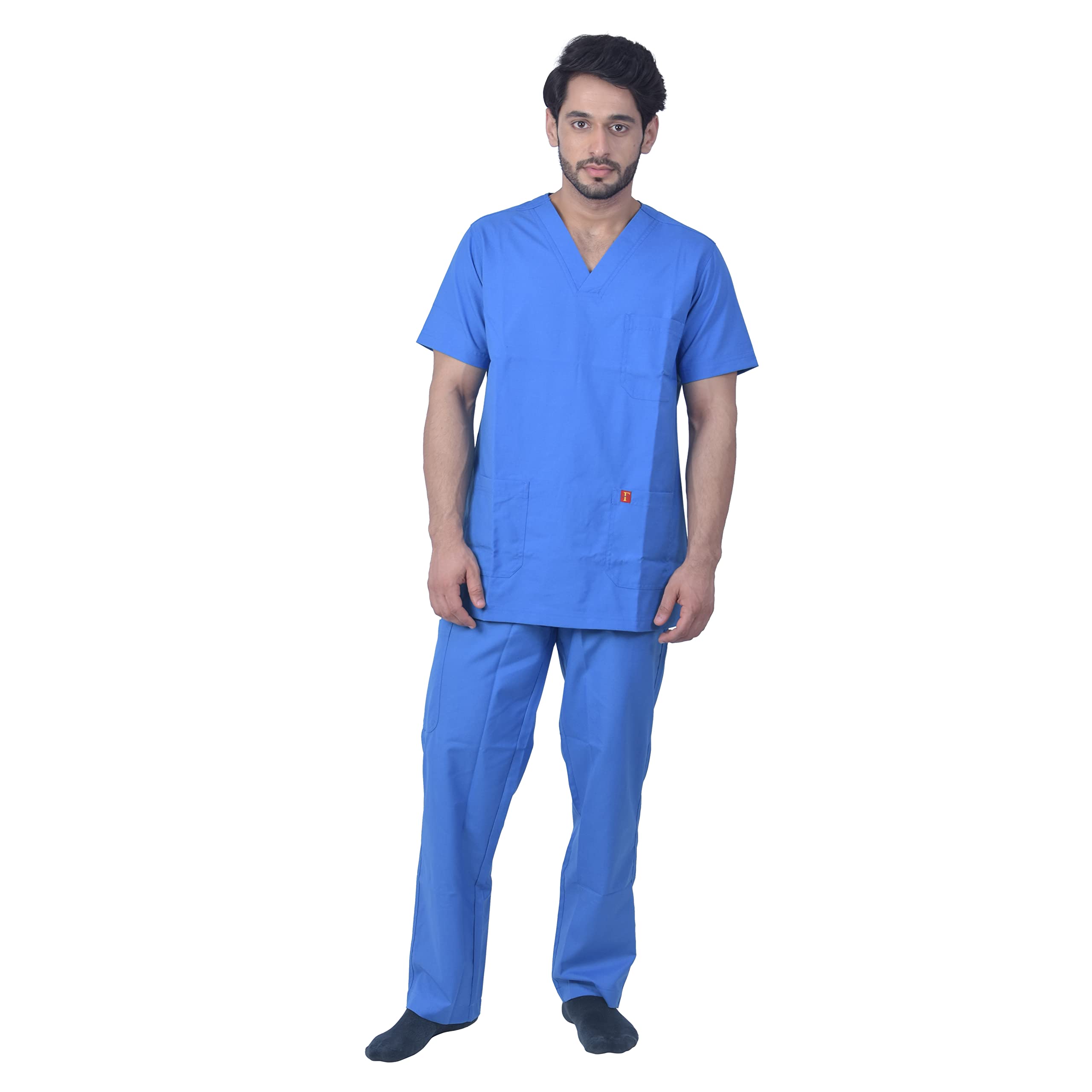 FRENCH TERRAIN® UNISEX V-NECK POLYESTER VISCOSE MEDICAL SCRUB SUIT FOR DOCTORS, TOP AND BOTTOM WITH 6 POCKETS, SIZE 38 - M, SKY BLUE.