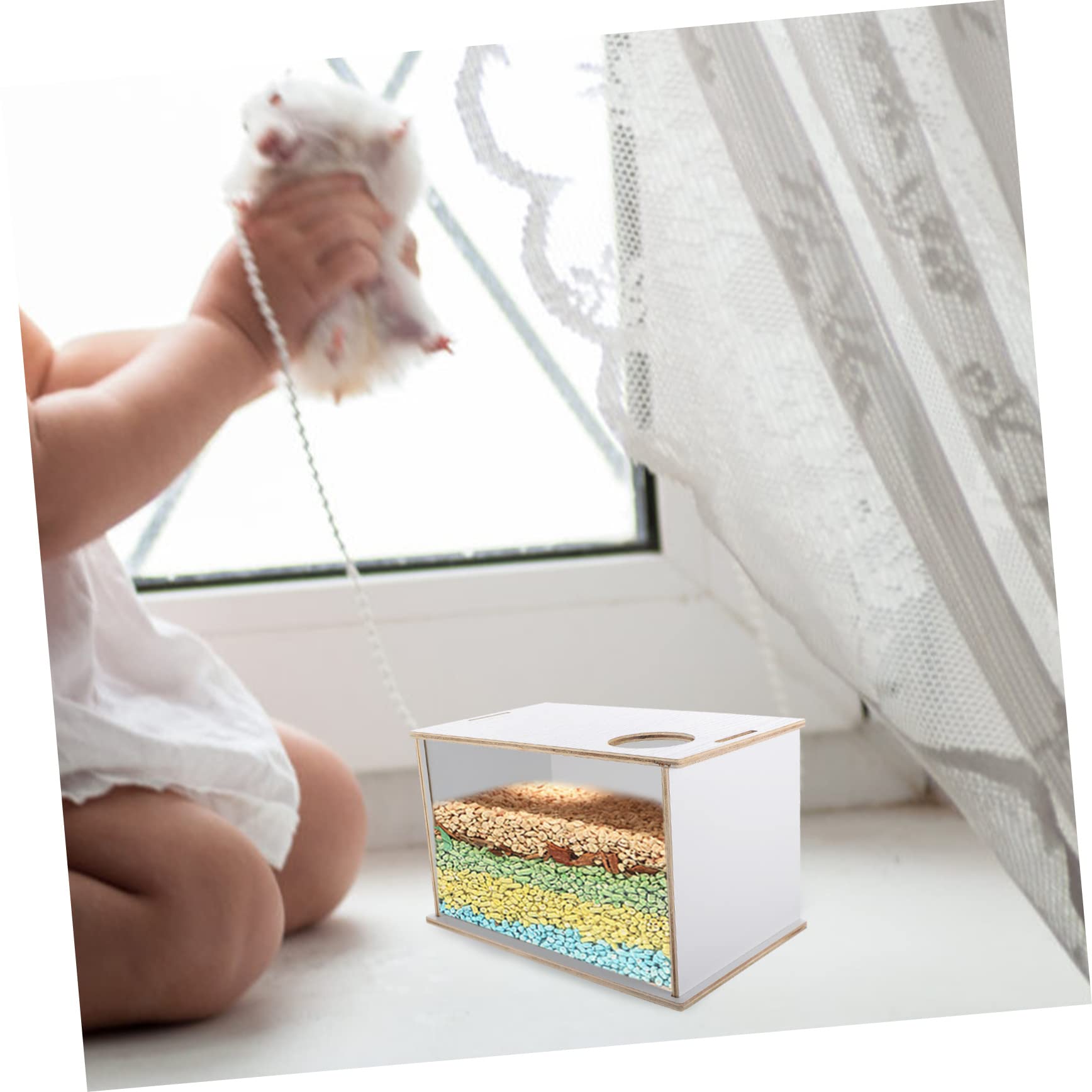 Sandbad Hamster mit Transparentem Acryl und Holz Rechteckige Hamsterbadewanne für Kleintiere Hamsterzubehör für Haushalt und Heimtiere