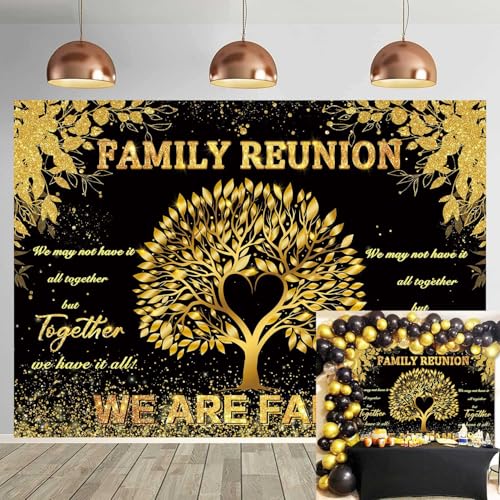 Family Reunion Banner Backdrop 7x5FT Black and Gold Tree Leaves We are Family Photography Background Family Gathering Party Decorations Supplies