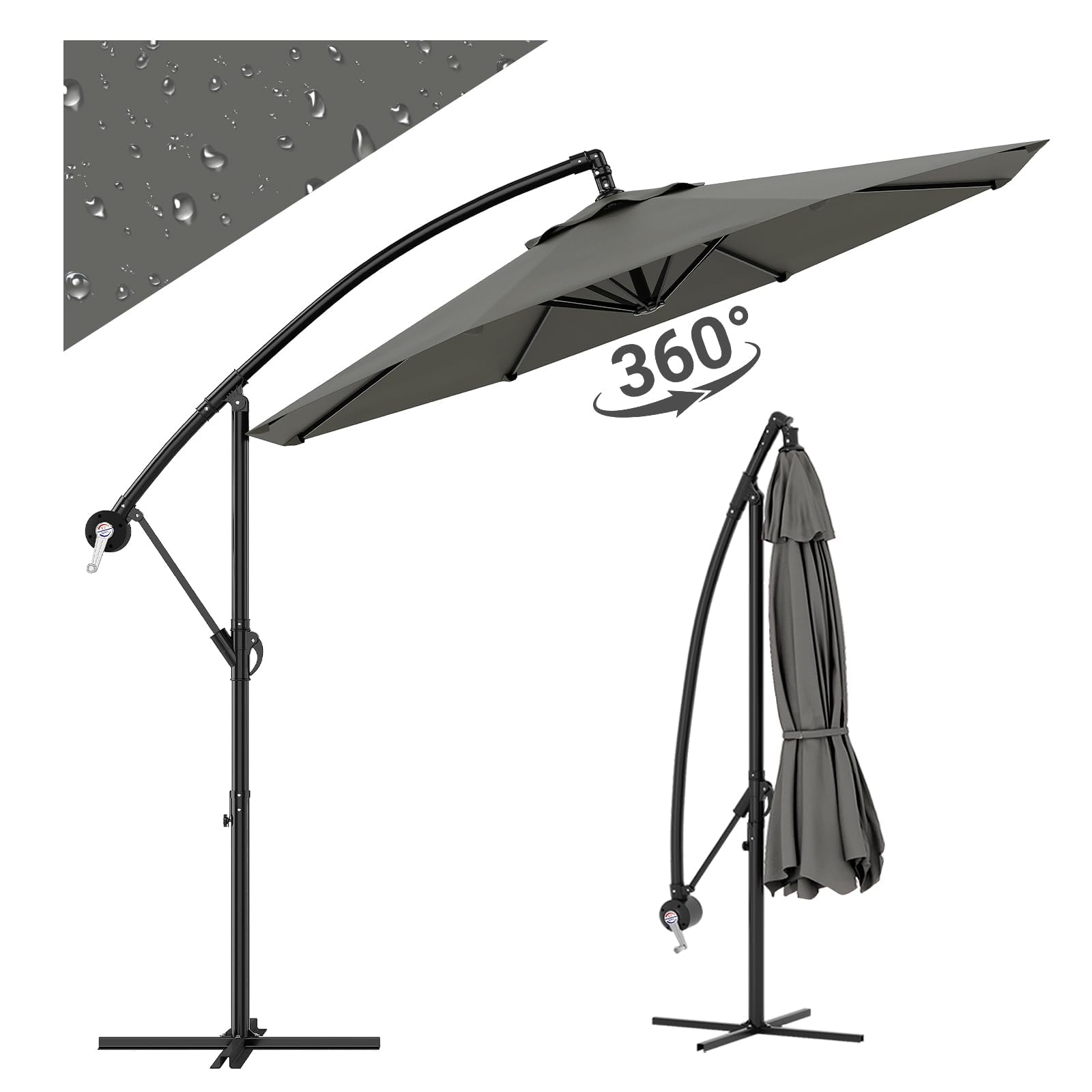 Sombrilla redonda de 3 m exterior con manivela, parasol voladizo reclinable y giratorio 360°, base cruzada, bolsa de transporte, impermeable y anti UPF 50+, para jardín, terraza, balcón, piscina