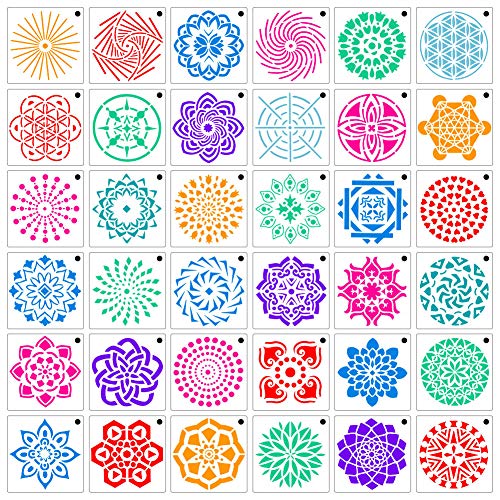 DaveandAthena 36 Pack Mandala Stencils Template Set Mandala Dot Painting Templates Stencils for DIY Painting Art Projects