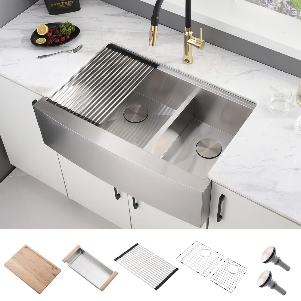 30 Inch Double Bowl Farmhouse Sink Statinless Steel - Abironl 30"x22" Apron Front Workstation Kitchen Sink Double Bowl Farmhouse Sink 16 Gauge 60/40 Farm Sink for Kitchens