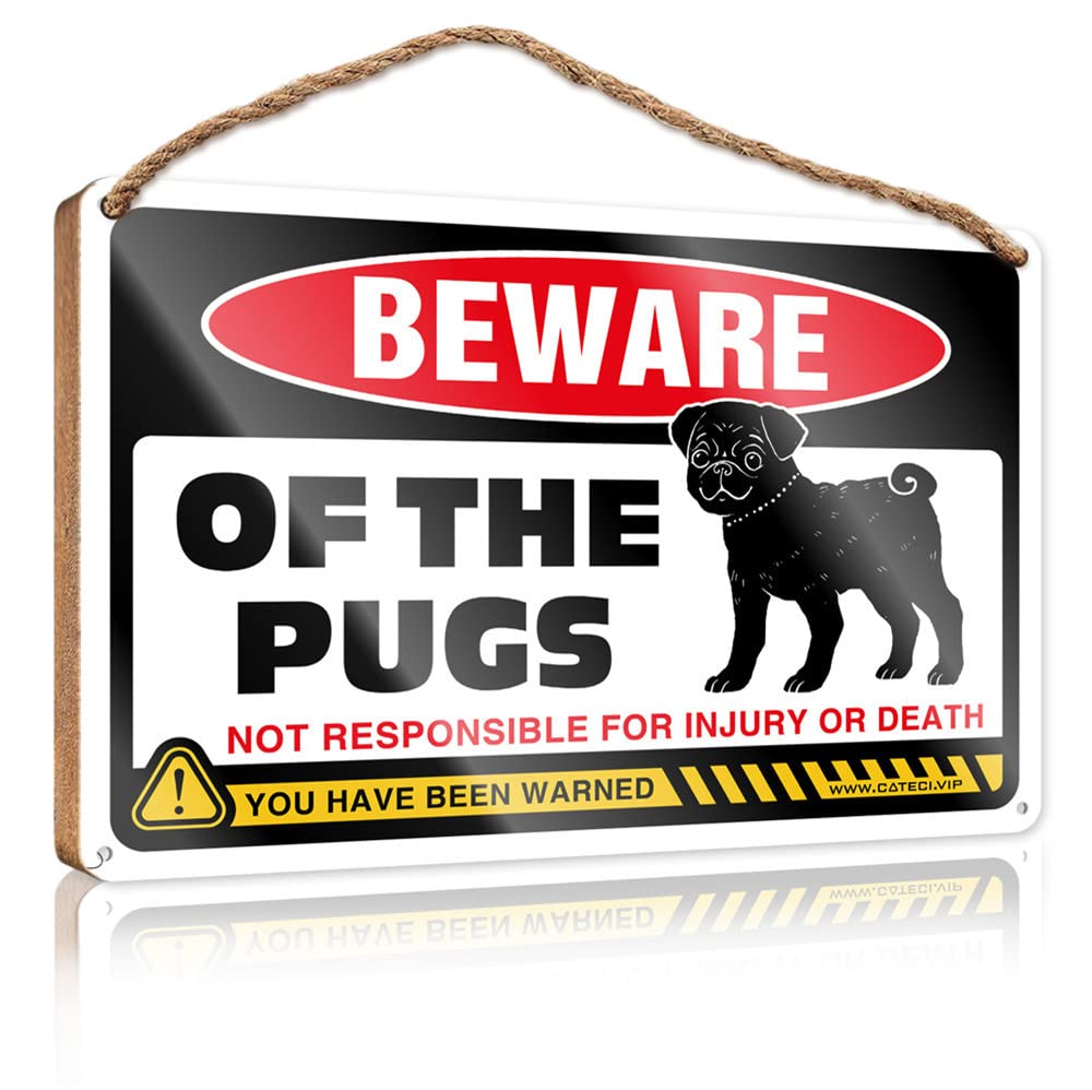 DTHA Farmhouse Signs Beware Of Pug Wooden Sign Gifts For Husbands Pool Signs And Decor Outdoor(23X35CM)