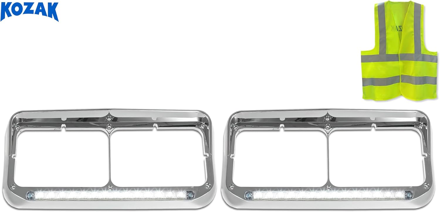 KOZAK C500 Headlights Bezels Chrome with 12" Clear/White LED Light Strip Bar 2 Pcs (Passenger Right & Left Driver Side) Compatible with Freightliner FLD Classic XL PLUS Logo and Reflective Vest