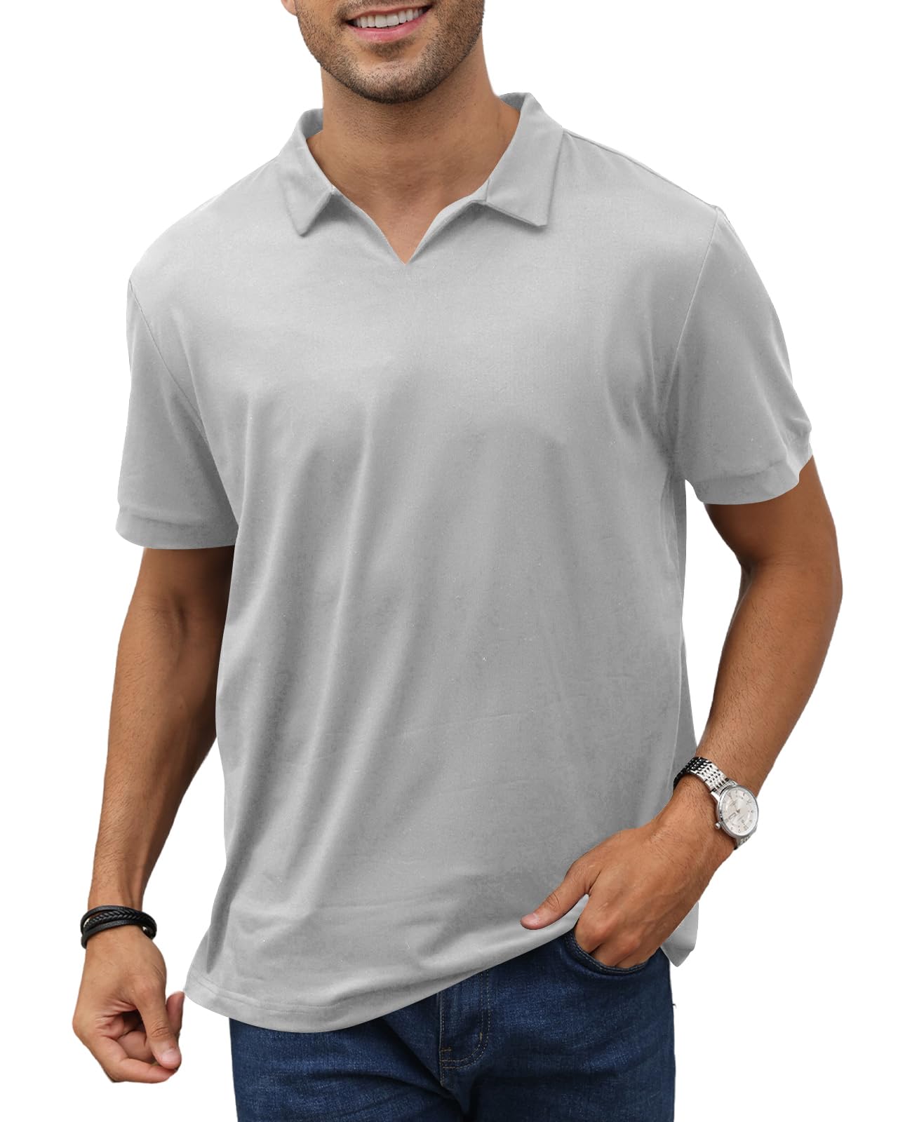 Mens Athletic Polo Shirts Golf Short Sleeve Breathable Workout Vneck Collar Tops