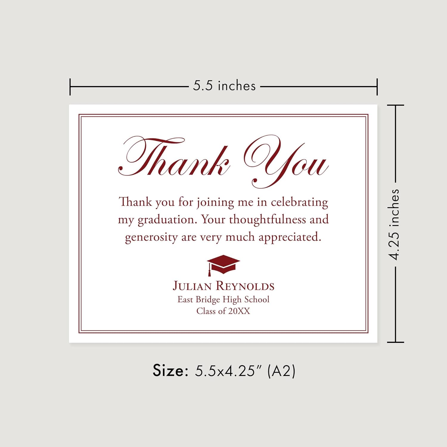 Graduation Thank You Cards Personalized with Name, 5.5x4.25 Flat Thank You Note Cards with Envelopes (Maroon Red)