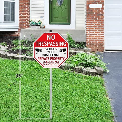 Image of T&R Large No Trespassing Private Property Sign Video Surveillance Sign with 36 inch Stake for Outside - 4 Pack - 12 inchx12 inch .040 Rust Free Heavy Aluminum, Reflective, Waterproof, Weatherproof, 4 pre-drilled holes,Includes Matching Screws & Wrench, Easy to Mount